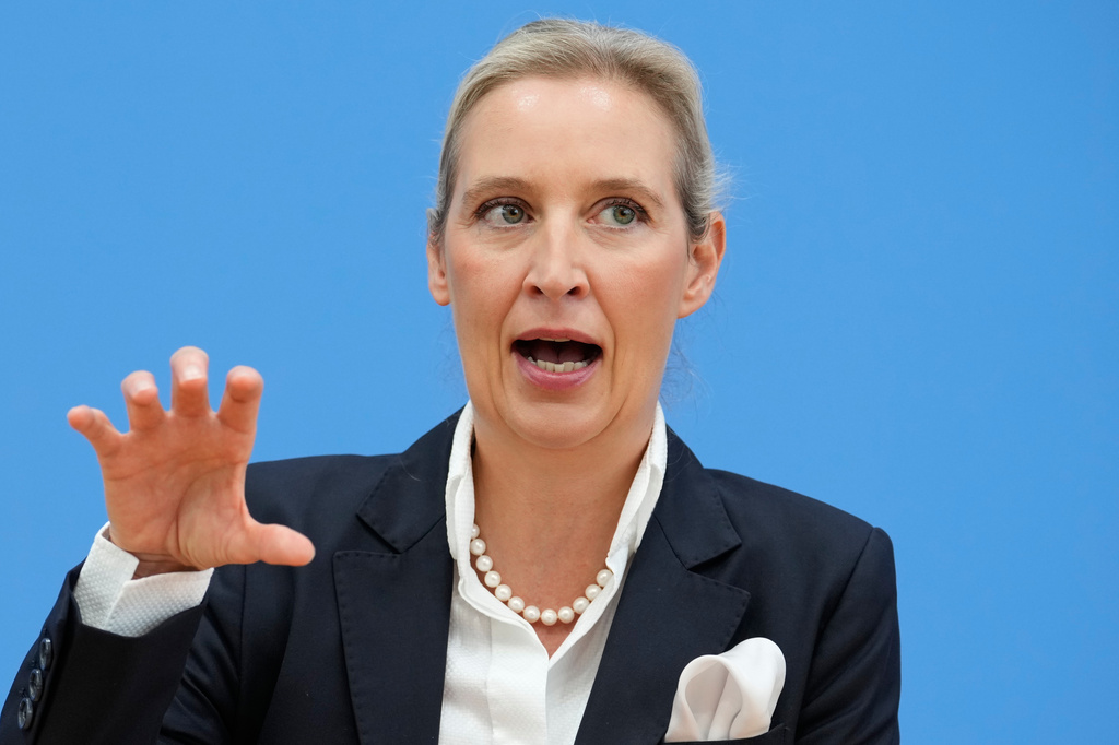 AfD party leader Alice Weidel talks to the media during a press conference of the "Alternative for Germany" (AfD) in Berlin, Germany, after yesterday's two state elections in Berlin and Mecklenburg-Western Pomerania, Monday, Sept. 21, 2026. (AP Photo/Ebrahim Noroozi)