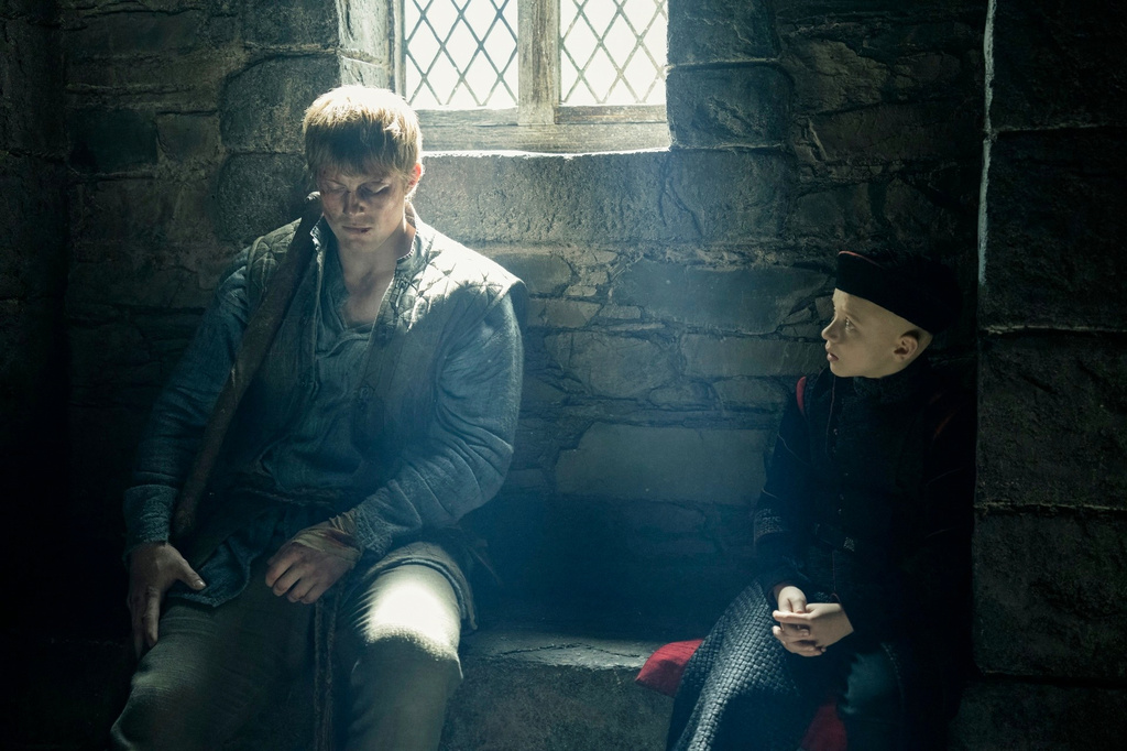 This image released by HBO shows Dexter Sol Ansell, right, and Peter Claffey in a scene from "A Knight of the Seven Kingdoms." (Steffan Hill/HBO via AP)