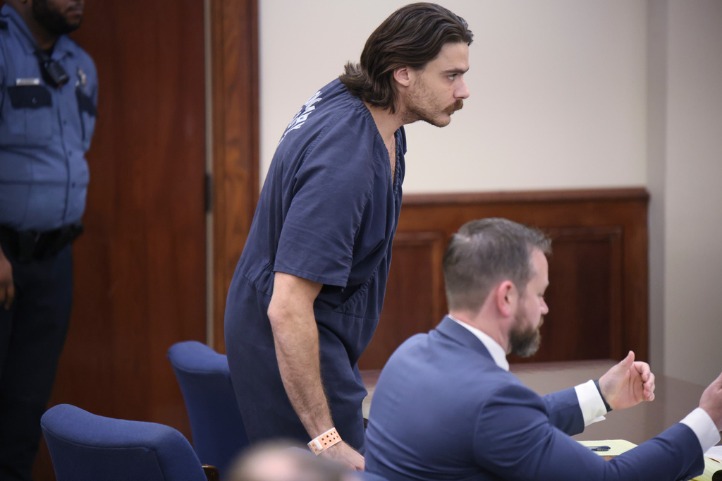 Dalton Eatherly, who goes by the moniker Chud the Builder, attends a hearing at the Montgomery County Courthouse, Thursday, May 21, 2026, in Clarksville, Tenn. (AP Photo/Adin Parks)