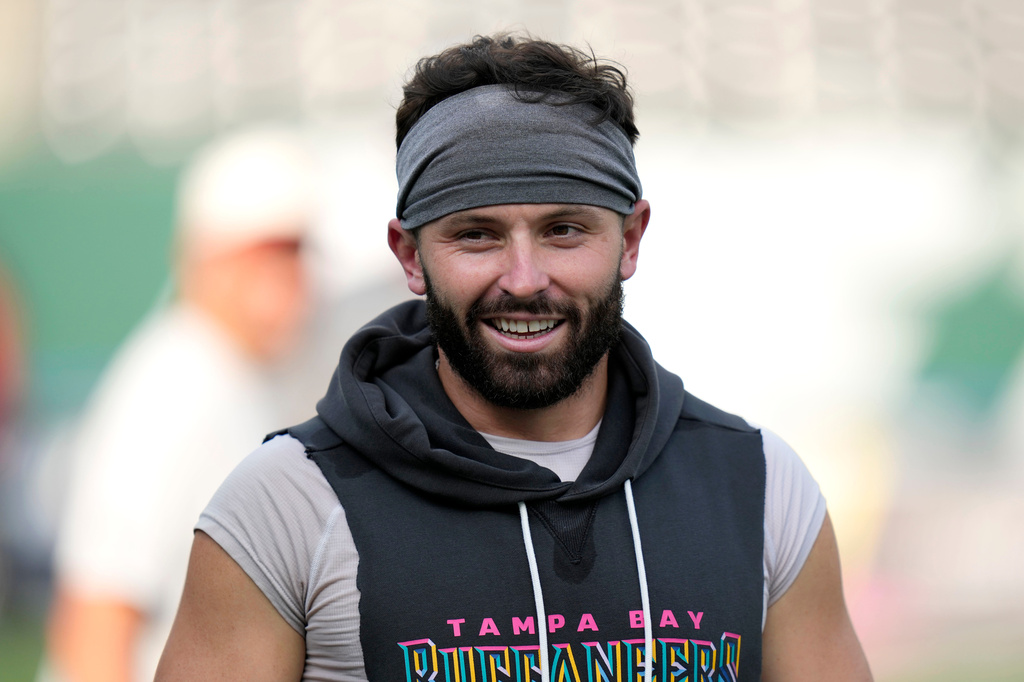 Tampa Bay Buccaneers quarterback Baker Mayfield walks on the field before an NFL football game against the New York Jets, Friday, Aug. 14, 2026, in East Rutherford, N.J. (AP Photo/Seth Wenig)