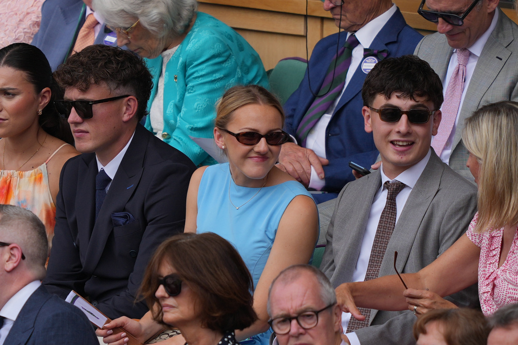 Adams brothers, Jordan and Cian, attend the royal box on day 12 of the Wimbledon Tennis Championships in London, Friday, July 10, 2026. (AP Photo/Kin Cheung)