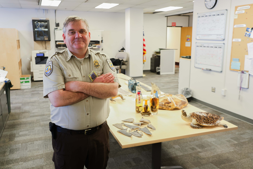 Chris Andrews poses for a photo with confiscated goods, June 4, 2026, at his office in the Ted Stevens Anchorage International Airport in Anchorage, Ala. (James Daggett/Alaska Public Media via AP)