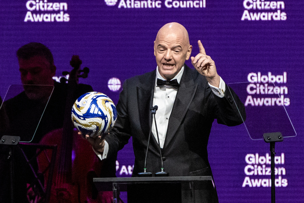 President of the Federation Internationale de Football Association (FIFA) Gianni Infantino speaks at the Global Citizen Awards ceremony, Wednesday, Sept. 24, 2025, in New York. (AP Photo/Stefan Jeremiah)