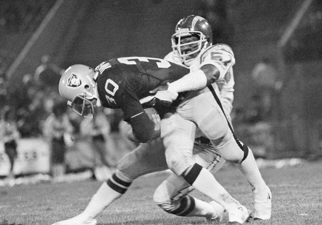FILE - Mark van Eeghen of the Oakland Raiders is stopped by Woodrow Lowe of the San Diego Chargers after a nine-yard gain during the second period of their game at the Oakland, Coliseum in Oakland, Calif., Oct. 25, 1979. (AP Photo, File)