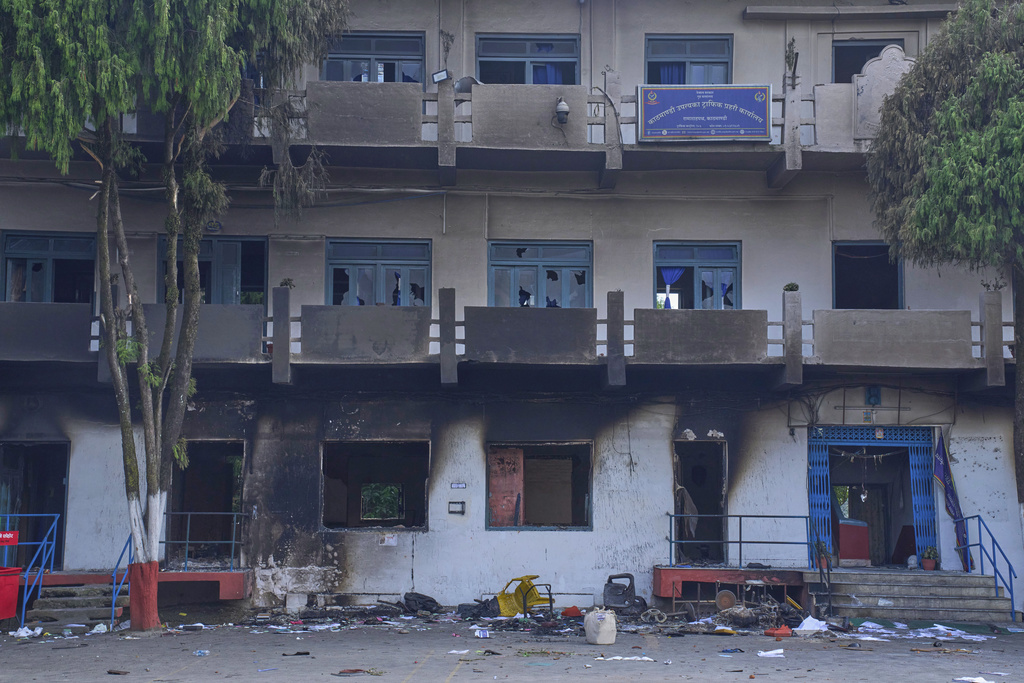 Valley Traffic office building stands vandalized in Kathmandu, Nepal, Wednesday, Sept.10, 2025. (AP Photo/Niranjan Shrestha)