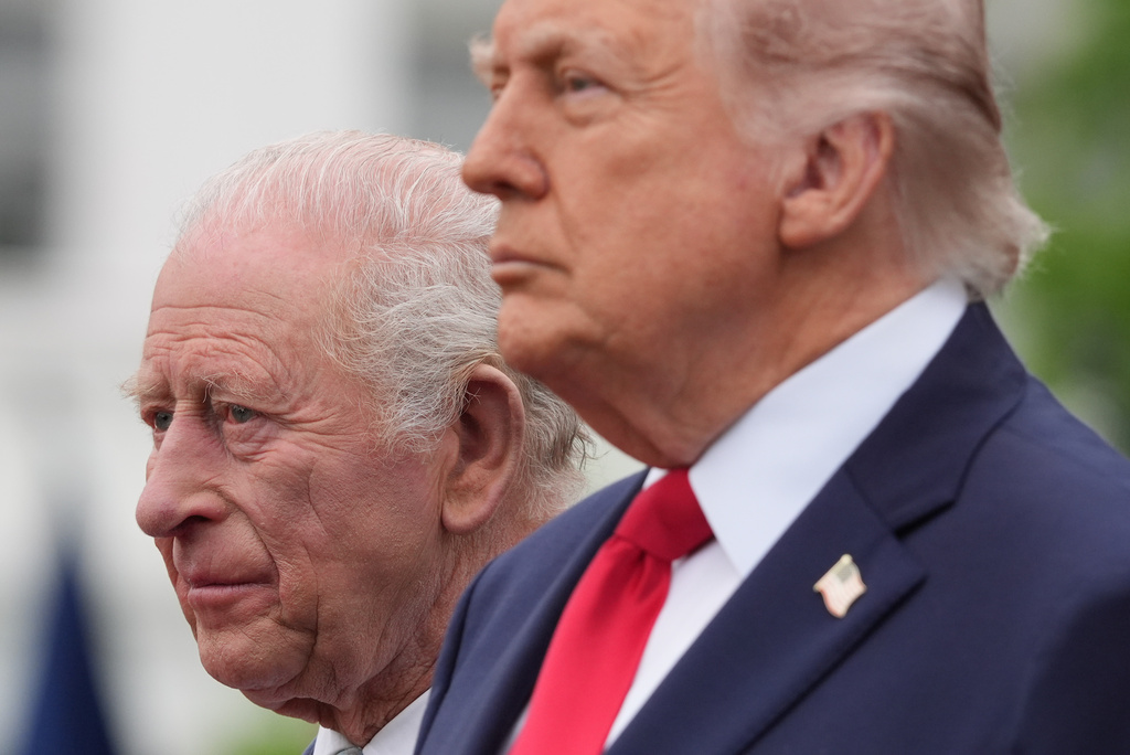 President Donald Trump and Britain's King Charles III, stand together during a State Visit arrival ceremony on the South Lawn of the White House, Tuesday, April 28, 2026, in Washington. (AP Photo/Mark Schiefelbein)