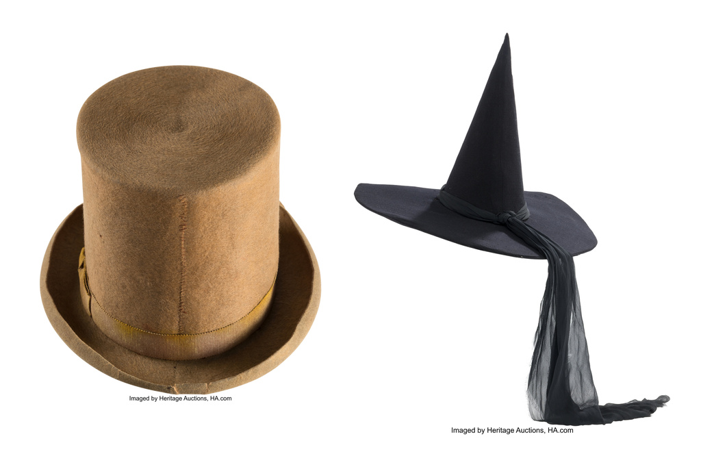 This combination of images released by Heritage Auctions shows a top hat from the 1971 film "Willy Wonka & the Chocolate Factory," left, and a witch hat worn by Margaret Hamilton in "The Wizard of Oz." (Heritage Auctions via AP)