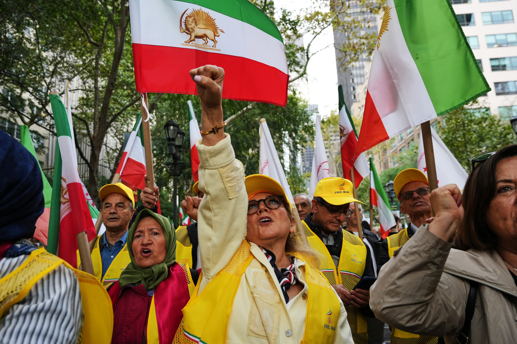 Demonstrators against the Iranian regime protest outside of the United Nations headquarters during the 81st session of the United Nations General Assembly, Tuesday, Sept. 22, 2026, in New York. (AP Photo/Cristina Matuozzi)