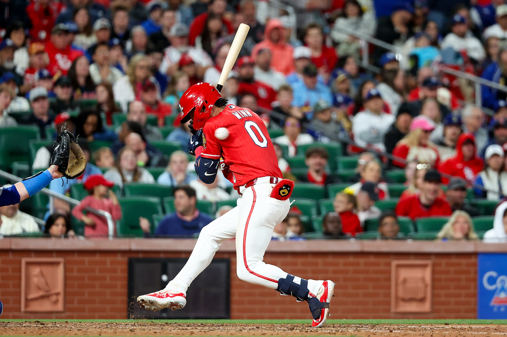 St. Louis Cardinals' Masyn Winn is hit by pitch during the seventh inning of a baseball game against the Los Angeles Dodgers Friday, May 1, 2026, in St. Louis. (AP Photo/Scott Kane)