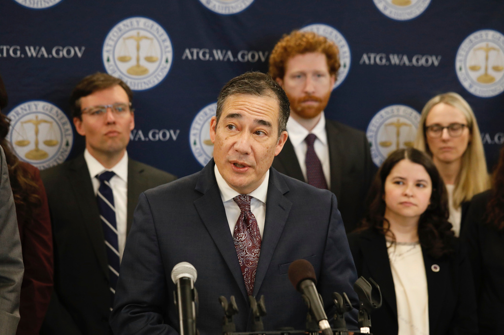 FILE - Washington Secretary of State Steve Hobbs speaks during a news conference at which the state attorney general announced a federal lawsuit challenging President Donald Trump's executive order attempting to overhaul elections in the U.S., in Seattle, April 4, 2025. (AP Photo/Manuel Valdes, File)