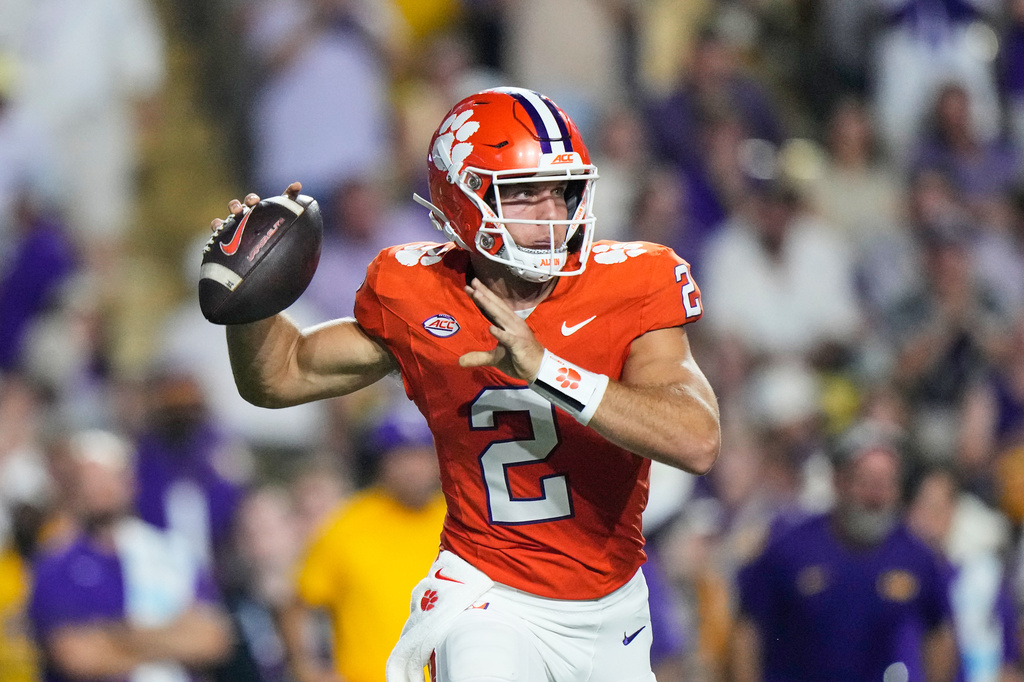 Clemson quarterback Tait Reynolds (2) passes against LSU in the first half of an NCAA college football game, Saturday, Sept. 5, 2026 in Baton Rouge, La. (AP Photo/Gerald Herbert)