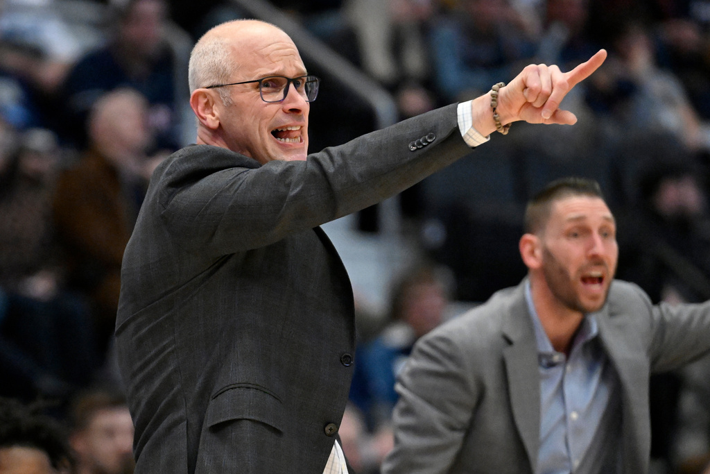 UConn head coach Dan Hurley gestures in the second half of an NCAA college basketball game against Butler, Tuesday, Dec. 16, 2025, in Hartford, Conn. (AP Photo/Jessica Hill)