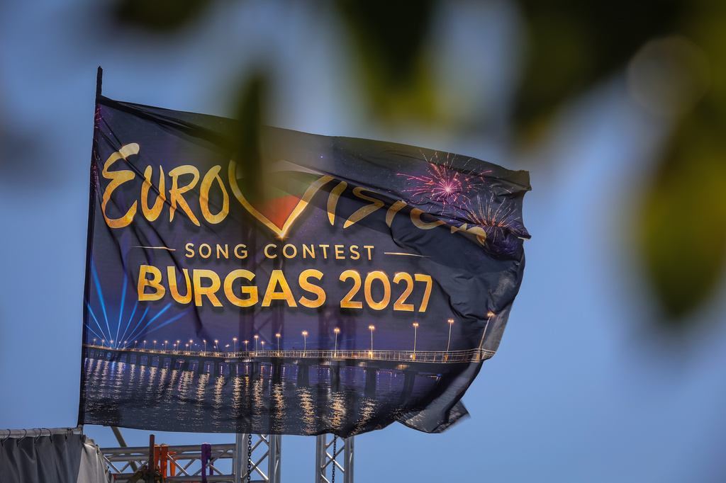 FILE - An Eurovision flag flies at the port of Burgas, on Bulgaria's Black Sea coast, which will host the 71st Eurovision Song Contest in 2027, Friday, Aug. 14, 2026. (AP Photo/Valentina Petrova, File)