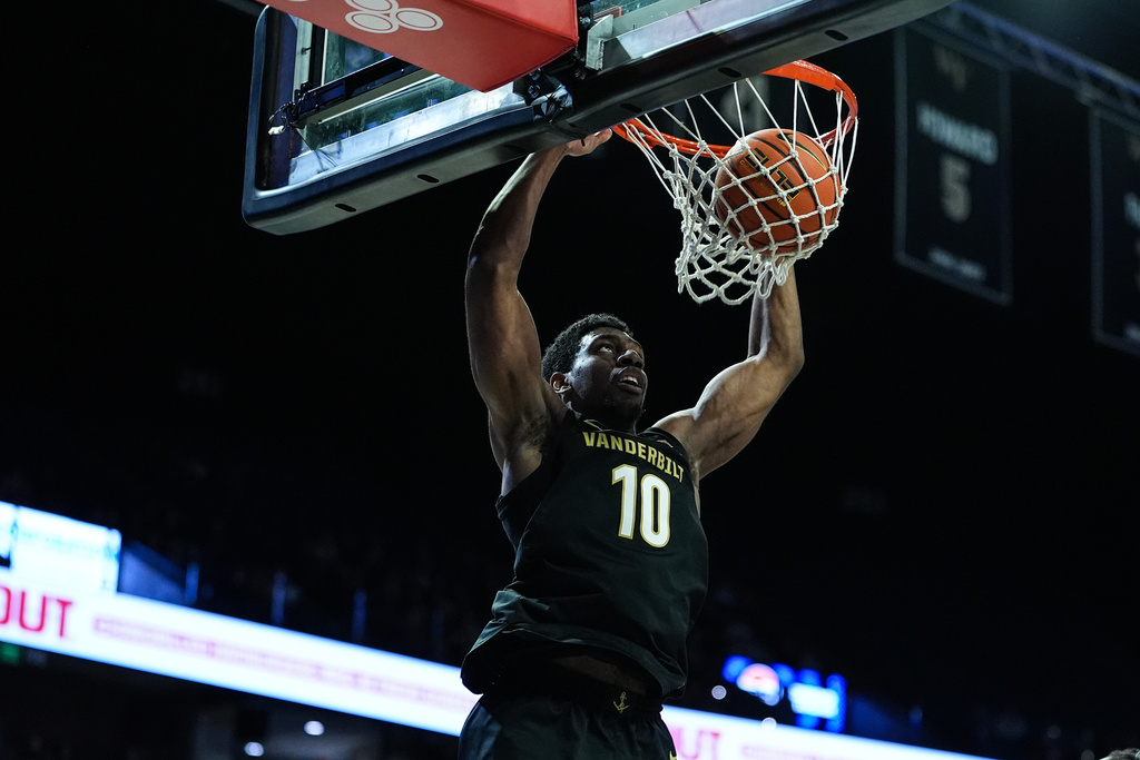 Vanderbilt forward Ak Okereke goes up for a slam dunk during the second half of an NCAA college basketball game against Wake Forest, Sunday, Dec. 21, 2025, in Winston-Salem, N.C. (AP Photo/Matt Kelley)