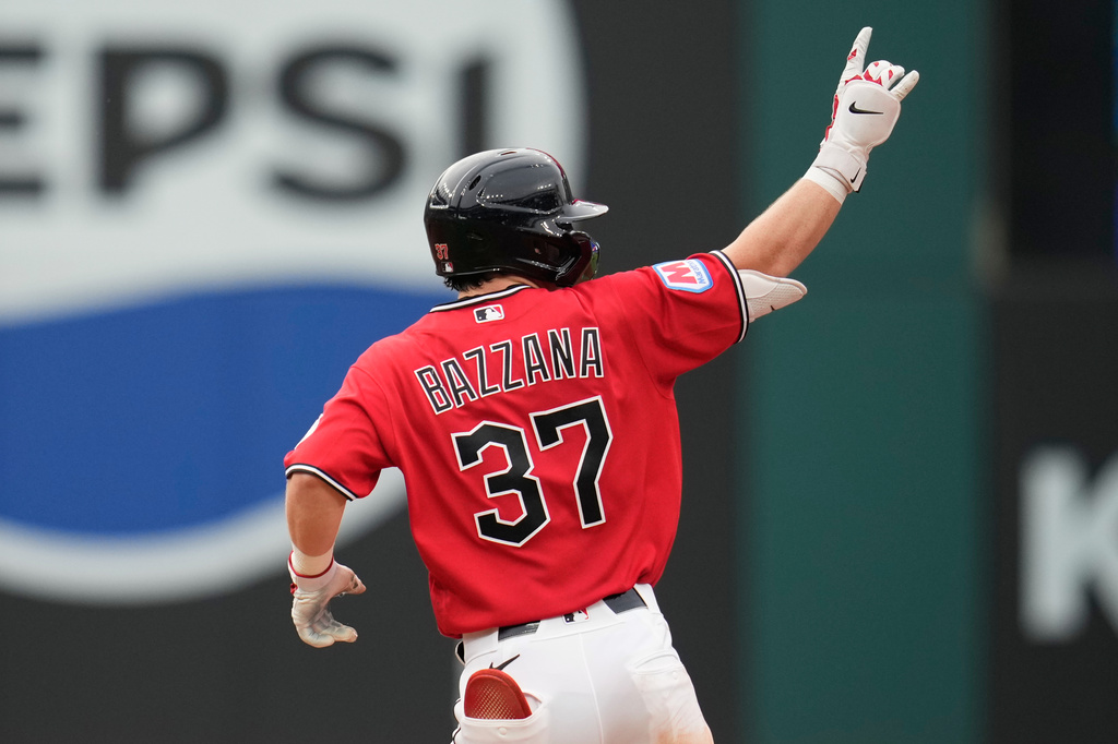 Cleveland Guardians' Travis Bazzana (37) gestures as he runs the bases with a home run in the second inning of a baseball game against the Minnesota Twins in Cleveland, Monday, July 20, 2026. (AP Photo/Sue Ogrocki)