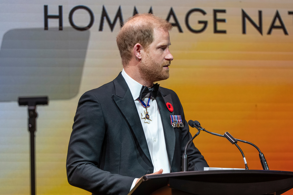 Britain's Prince Harry, Duke of Sussex, delivers remarks at the True Patriot Love's National Tribute Dinner in Toronto, Thursday, Nov. 6, 2025. (Eduardo Lima/The Canadian Press via AP)
