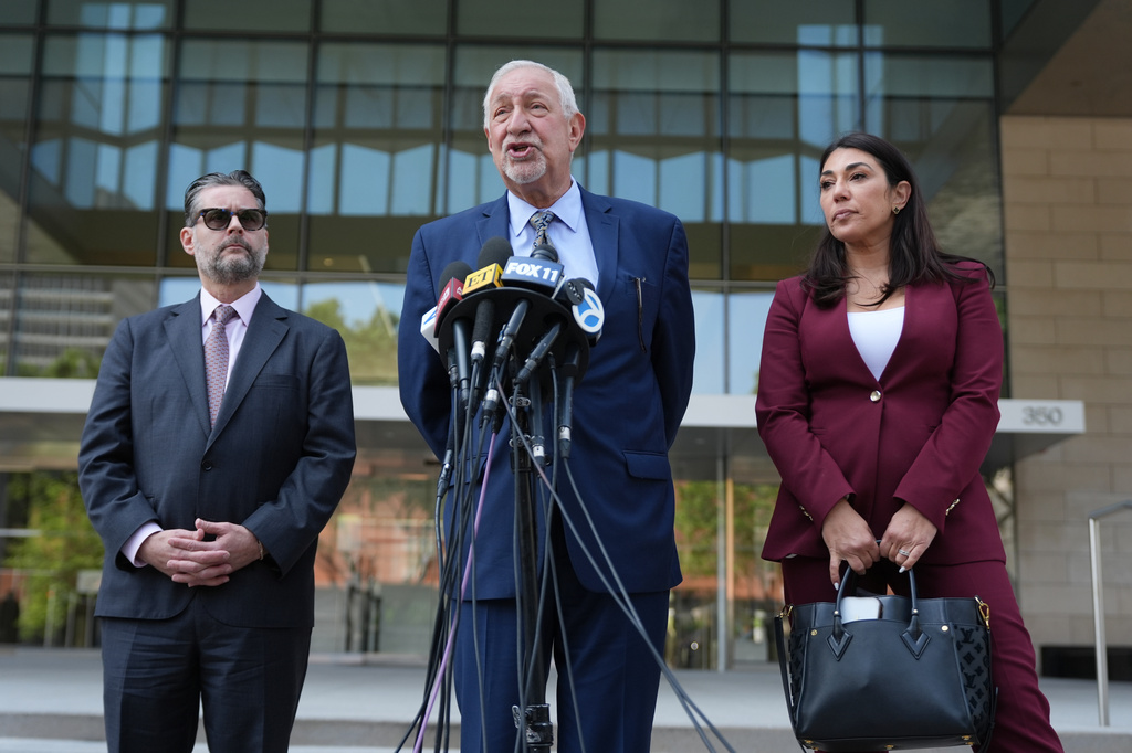 Craig Rothfeld, criminologist and prison consultant, left, Mark Geragos, defense attorney, middle, and Alexandra Kazarian, defense attorney hold a news conference after a federal judge handed down a sentence of 15 years in prison to Jasveen Sangha, who pleaded guilty to selling "Friends" star Matthew Perry the ketamine that killed him in a 2023 overdose, Wednesday, April 8, 2026, in Los Angeles. (AP Photo/Damian Dovarganes) CORRECTION: Corrects Craig Rothfeld's title to criminologist, instead of criminalist, and Name corrected to Jasveen Sangha, instead of Ivanna Lisette Ortiz.