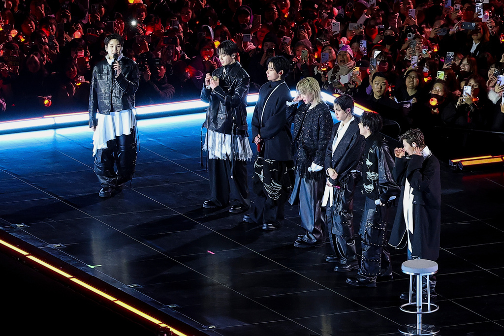 Kpop group BTS on stage during 'BTS The Comeback Live Arirang' concert in central Seoul, South Korea, March 21, 2026. (Kim Hong-Ji/Pool Photo via AP)