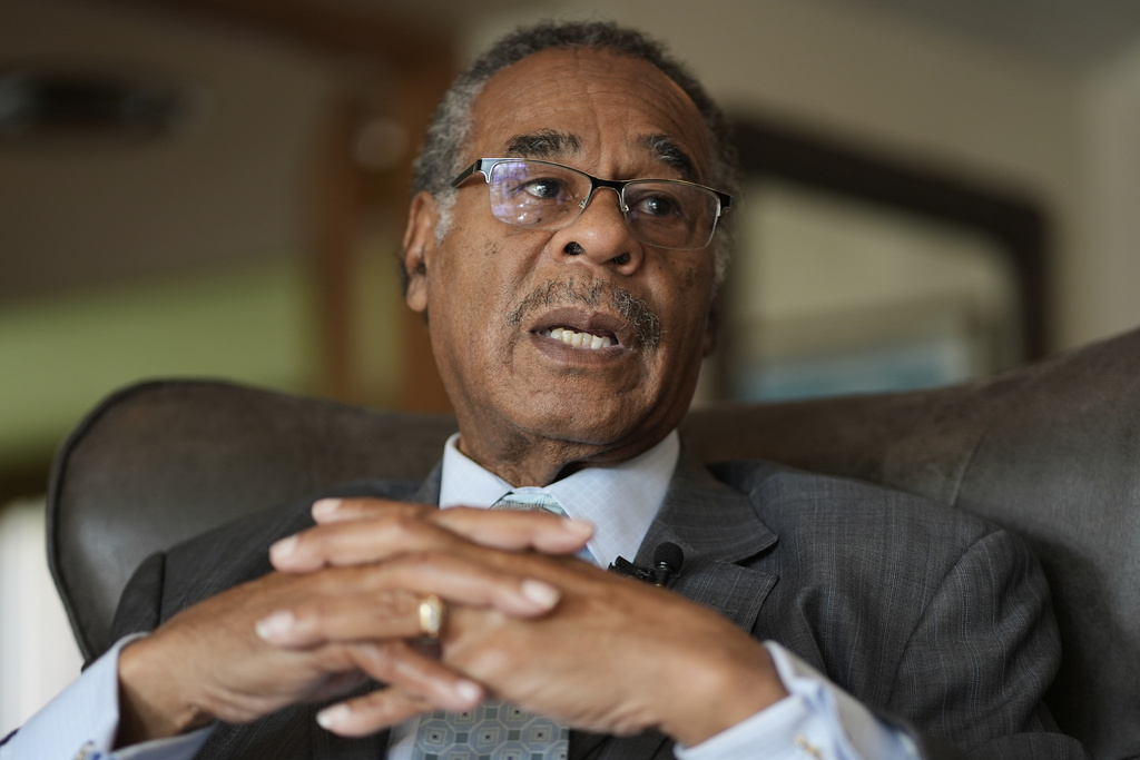 Rep. Emanuel Cleaver II, D-Mo., talks about the Missouri legislature's effort to divide his district among three districts in an effort to flip his seat to Republican, at St. James Church Sunday, Sept. 7, 2025, in Kansas City, Mo. (AP Photo/Charlie Riedel)