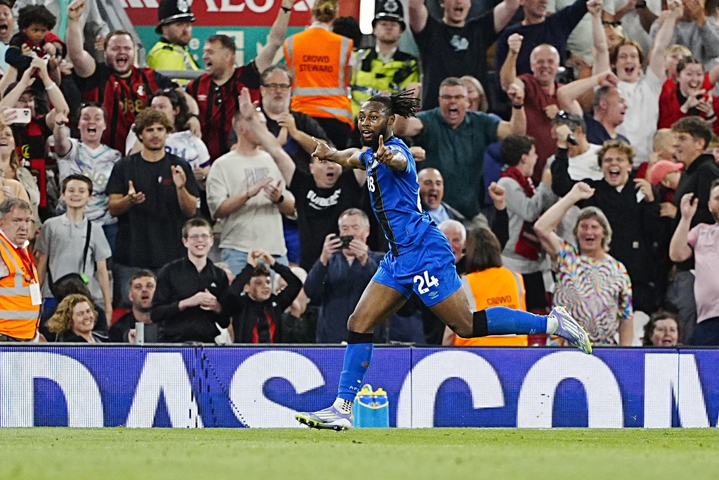 Bournemouth's Antoine Semenyo celebrates scoring their side's second goal of the game during the English Premier League soccer match between Liverpool and Bournemouth at Anfield in Liverpool, England, Friday, Aug. 15, 2025. (Peter Byrne/PA via AP)