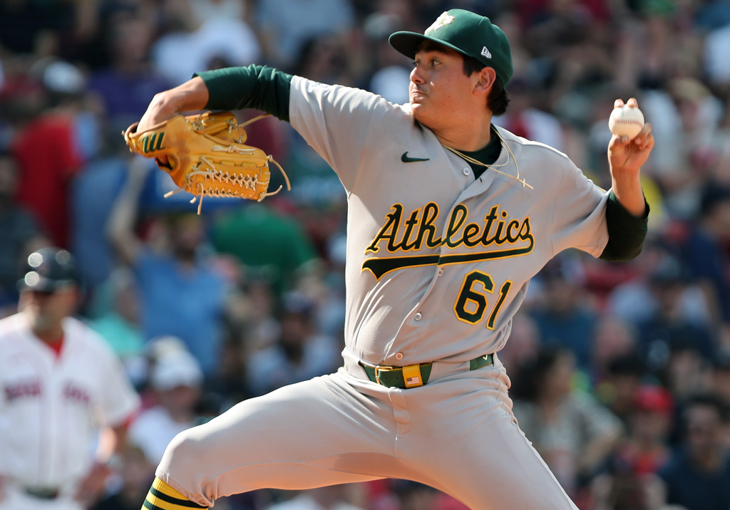 Athletics starting pitcher Gage Jump throws during the second inning of a baseball game vs. the Boston Red Sox , Saturday Aug 8, 2026 in Boston. (AP Photo/Jim Davis)