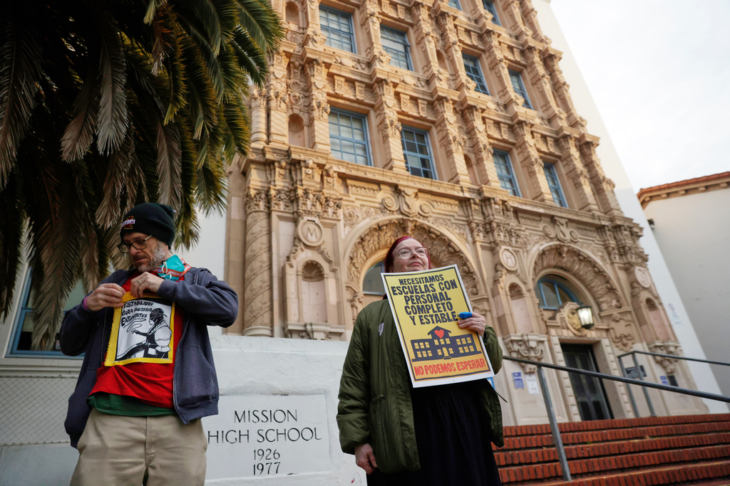 Teachers picket in front of Mission High School in San Francisco on Monday, Feb. 9, 2026. (Brontë Wittpenn/San Francisco Chronicle via AP)