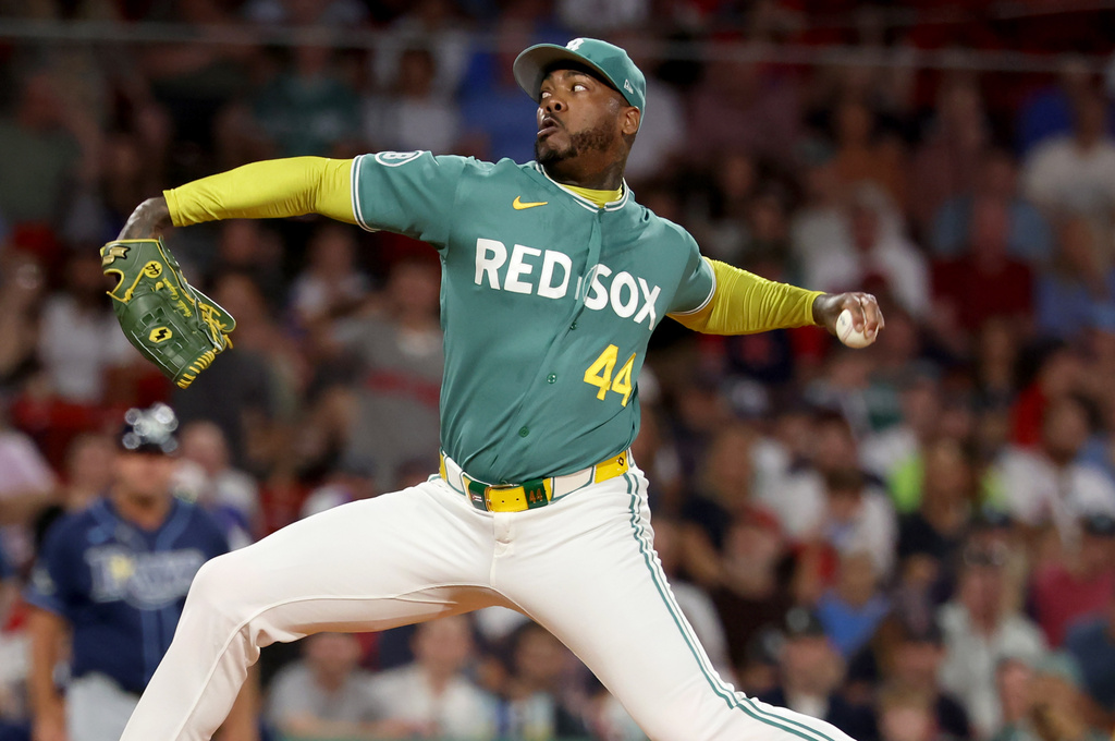 Boston Red Sox pitcher Aroldis Chapman throws during the ninth inning of the second baseball game of a doubleheader against the Tampa Bay Rays, Friday, July 17, 2026, in Boston. (AP Photo/Mark Stockwell)