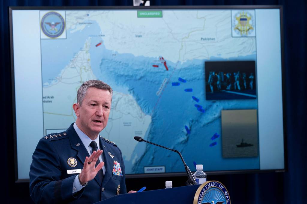 Chairman of the Joint Chiefs of Staff Gen. Dan Caine speaks to members of the media during a press briefing at the Pentagon, Thursday, April 16, 2026 in Washington. (AP Photo/Kevin Wolf)