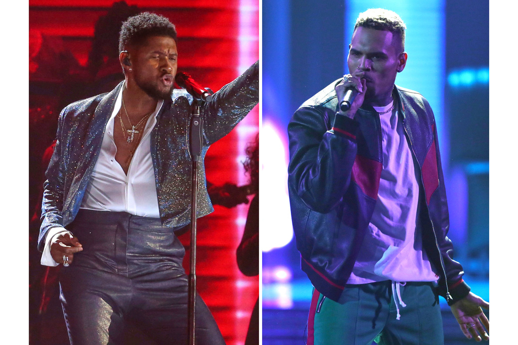 Usher performs during a Prince tribute at the 62nd annual Grammy Awards in Los Angeles on Jan. 26, 2020, left, and Chris Brown performs at the BET Awards in Los Angeles on June 25, 2017. (AP Photo)