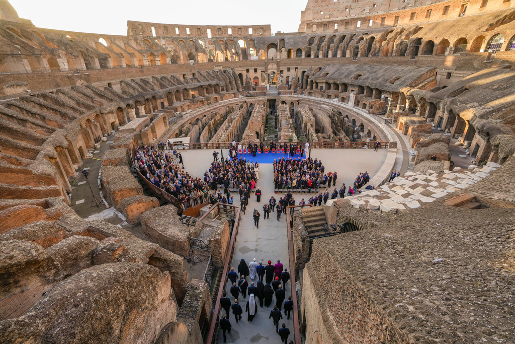 Pope Leo XIV attends an inter-religious meeting to pray for peace inside the Colosseum in Rome, Tuesday, Oct. 28, 2025. (AP Photo/Gregorio Borgia)