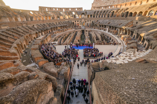 Pope Leo XIV attends an inter-religious meeting to pray for peace inside the Colosseum in Rome, Tuesday, Oct. 28, 2025. (AP Photo/Gregorio Borgia) Pope Leo XIV attends an inter-religious meeting to pray for peace inside the Colosseum in Rome, Tuesday, Oct. 28, 2025. (AP Photo/Gregorio Borgia)