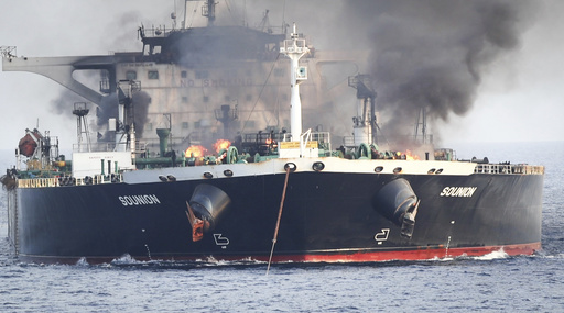 This undated photo released by the private security firm Ambrey shows the oil tanker Sounion burning in the Red Sea. (Ambrey via AP) This undated photo released by the private security firm Ambrey shows the oil tanker Sounion burning in the Red Sea. (Ambrey via AP)