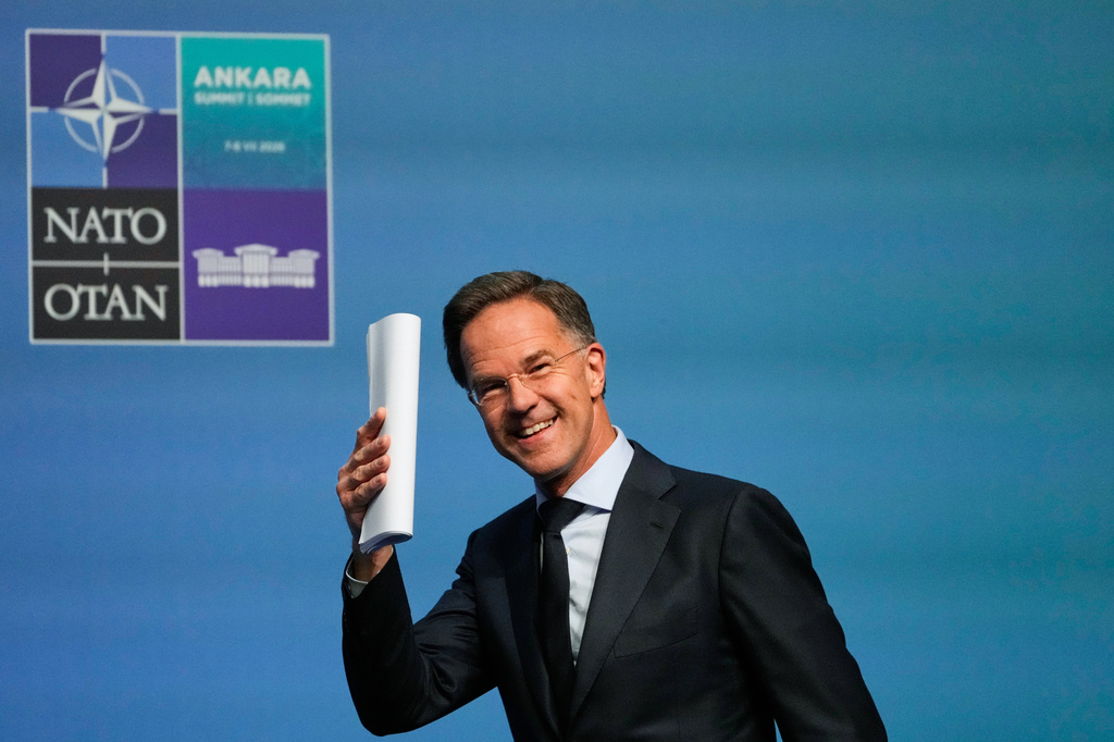 NATO Secretary General Mark Rutte arrives for a media conference at the International Media Center ahead of the NATO Summit in Ankara, Turkey, Monday, July 6, 2026. (AP Photo/Hussein Malla)