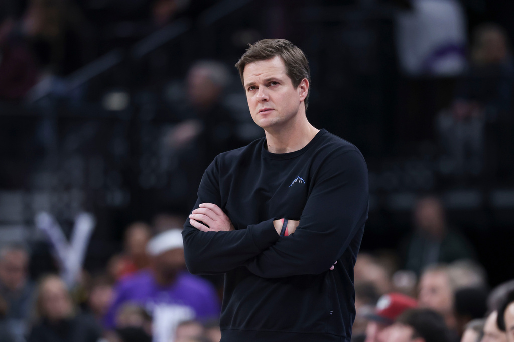 Utah Jazz head coach Will Hardy watches play during the second half of an NBA basketball game against the Sacramento Kings, Wednesday, Feb. 11, 2026, in Salt Lake City. (AP Photo/Rob Gray)