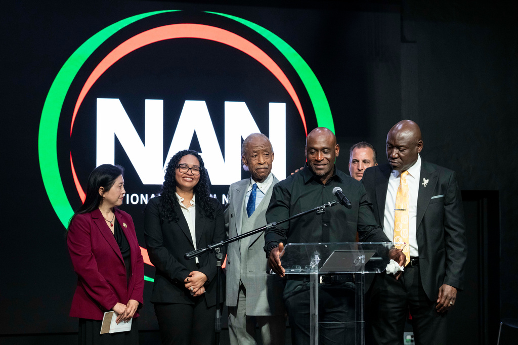 Elmore Wonsley, father of Nolan Xavier Wells, speaks during a news conference at National Action Network headquarters, Friday, July 10, 2026, in New York. (AP Photo/Yuki Iwamura)