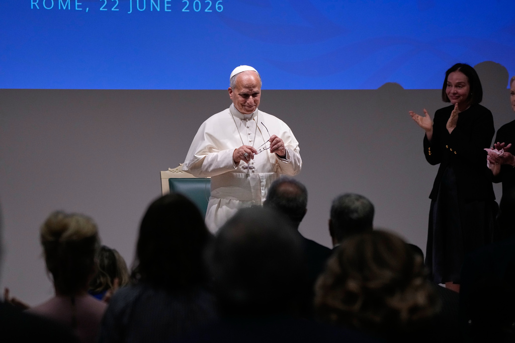Pope Leo XIV delivers his speech during the annual session of the executive board of the United Nations World Food Programme in Rome, Monday, June 22, 2026. (AP Photo/Alessandra Tarantino)