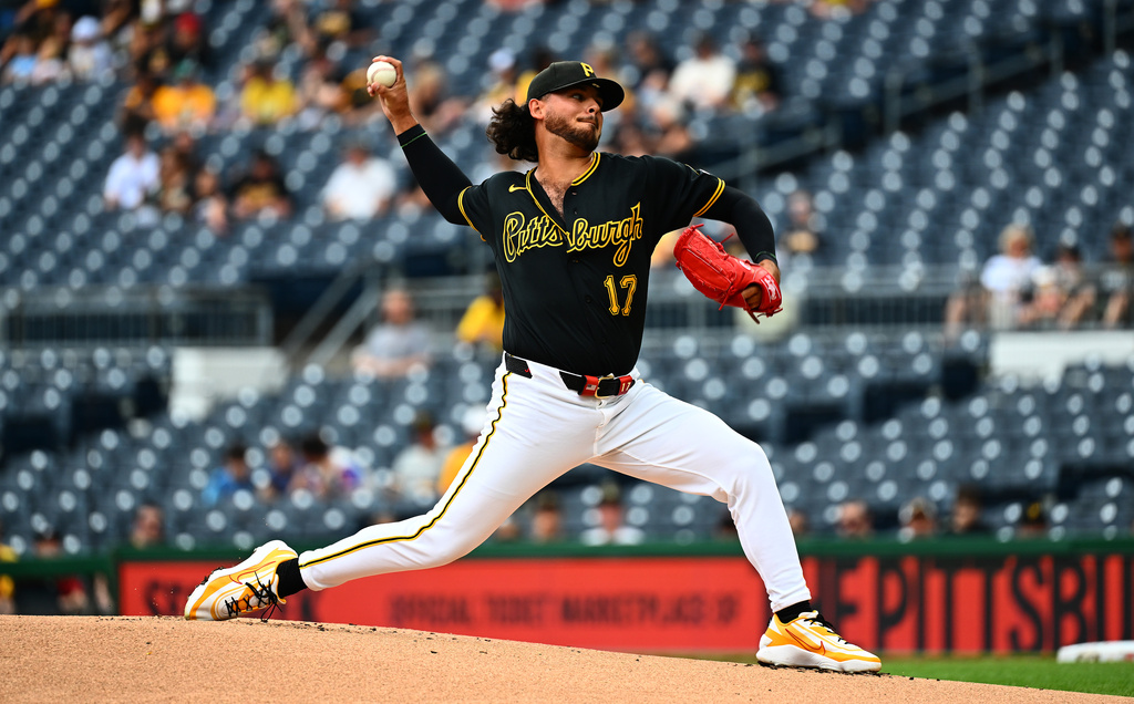 Pittsburgh Pirates pitcher Jared Jones delivers in the first inning of a baseball game against the Arizona Diamondbacks in Pittsburgh, Wednesday, July 29, 2026. (AP Photo/Justin Berl)