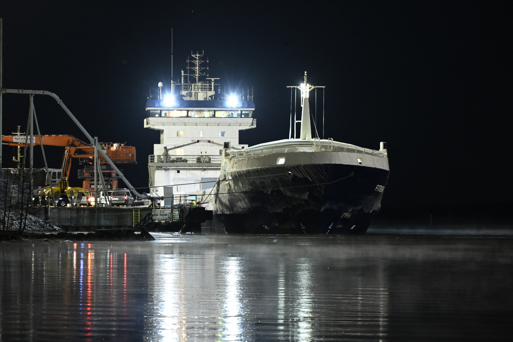 The seized vessel Fitburg rests in the harbour in Kirkkonummi, Finland, Wednesday, Dec. 31, 2025. (Roni Rekomaa/Lehtikuva via AP)