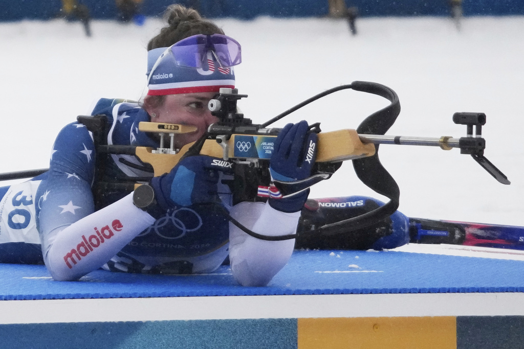 Deedra Irwin of the United States competes during the biathlon women's 17.5 km sprint at the 2026 Winter Olympics, in Anterselva, Italy, Saturday, Feb. 14, 2026. (AP Photo/Christophe Ena)