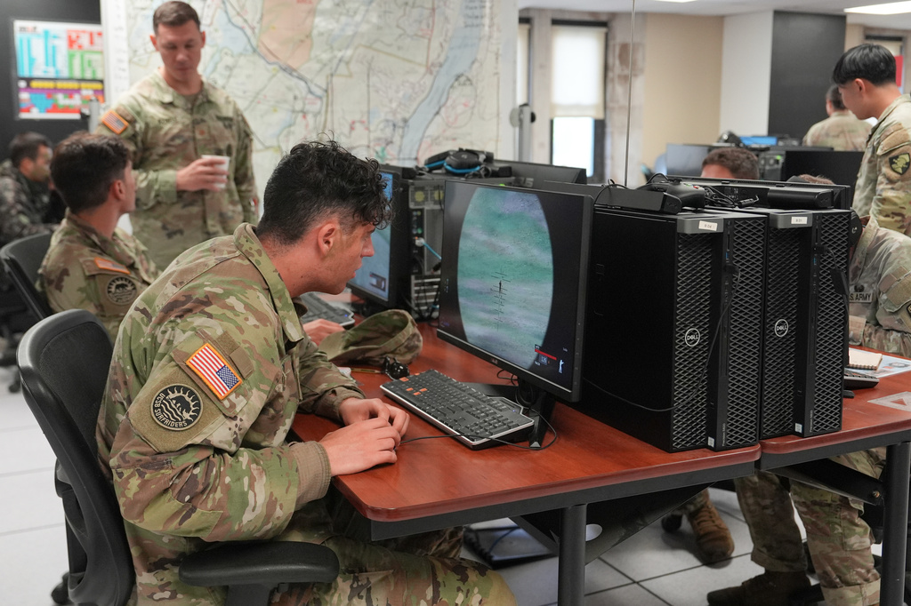 A University of Santa Barbara Army ROTC cadet drone warfare during the Sandhurst Military Skills Competition at the United States Military Academy in West Point, N.Y., Saturday, May 2, 2026. (AP Photo/Julia Demaree Nikhinson)