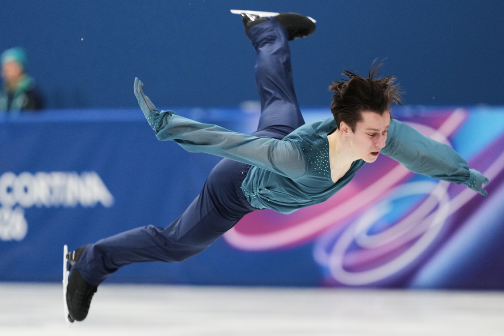 Kyrylo Marsak of Ukraine competes during the men's figure skating short program at the 2026 Winter Olympics, in Milan, Italy, Tuesday, Feb. 10, 2026. (AP Photo/Francisco Seco)