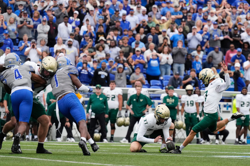 South Florida kicker Nico Gramatica (7) misses a field goal to tie the game during the second half of an NCAA college football game against Memphis, Saturday, Oct. 25, 2025, in Memphis, Tenn. (AP Photo/George Walker IV) South Florida kicker Nico Gramatica (7) misses a field goal to tie the game during the second half of an NCAA college football game against Memphis, Saturday, Oct. 25, 2025, in Memphis, Tenn. (AP Photo/George Walker IV)