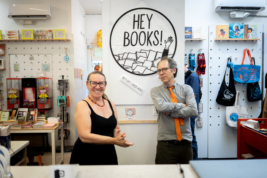 Co-owners Anika Omark, left, and Matthew Hein appear in their bookstore called Hey Books! in San Diego on April 26, 2026. (Rachyel P. Magaña/Hey books! via AP)