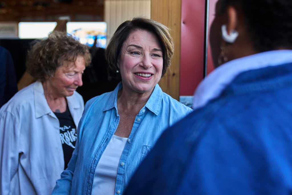 Gubernatorial candidate, Sen. Amy Klobuchar, D-Minn., greets supporters after taking part in a Minnesota Governor Candidate Forum in Morgan, Minn., Wednesday, Aug. 5, 2026. (AP Photo/Ellen Schmidt)