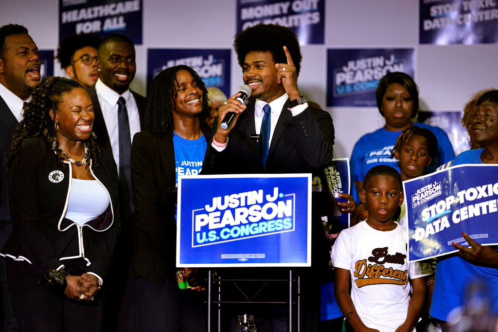 Democratic congressional candidate State Rep. Justin J. Pearson, D-Memphis, speaks to supporters at a primary election night party Thursday, Oct. 17, 2019, in Memphis, Tenn. (AP Photo/George Walker IV)