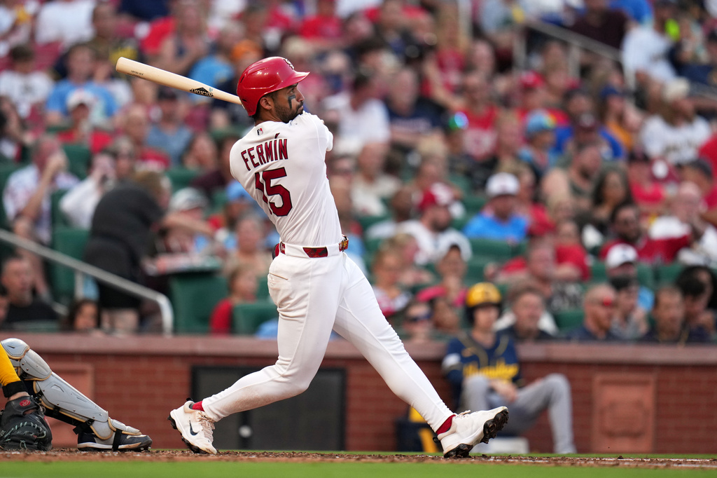 St. Louis Cardinals' José Fermín watches his solo home run during the fourth inning of a baseball game against the Milwaukee Brewers Wednesday, July 8, 2026, in St. Louis. (AP Photo/Jeff Roberson)