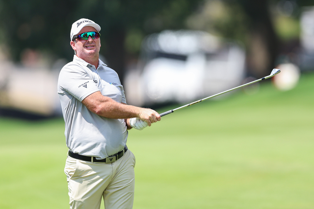 Ryan Fox plays a shot on the first hole during the second round of the Tour Championship golf tournament, Friday, Aug. 28, 2026, in Atlanta. (AP Photo/Colin Hubbard)