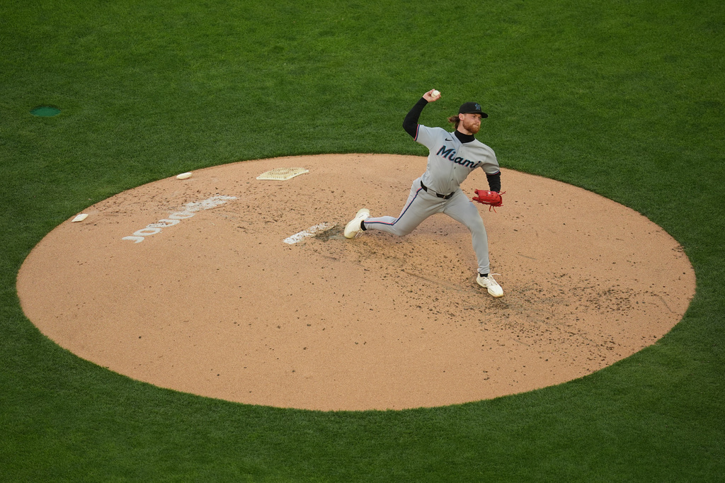 Miami Marlins starting pitcher Max Meyer delivers during the first inning of a baseball game against the Minnesota Twins, Wednesday, May 13, 2026, in Minneapolis. (AP Photo/Abbie Parr)
