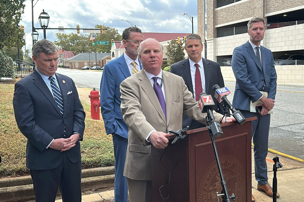 Assistant U.S. Attorney Lothrop Morris speaks about his role as lead prosecutor against former Spartanburg County Sheriff Chuck Wright after Wright pleaded guilty to theft and conspiracy charges on Thursday, Oct. 30, 2025, in Anderson, S.C. (AP Photo/Jeffrey Collins)