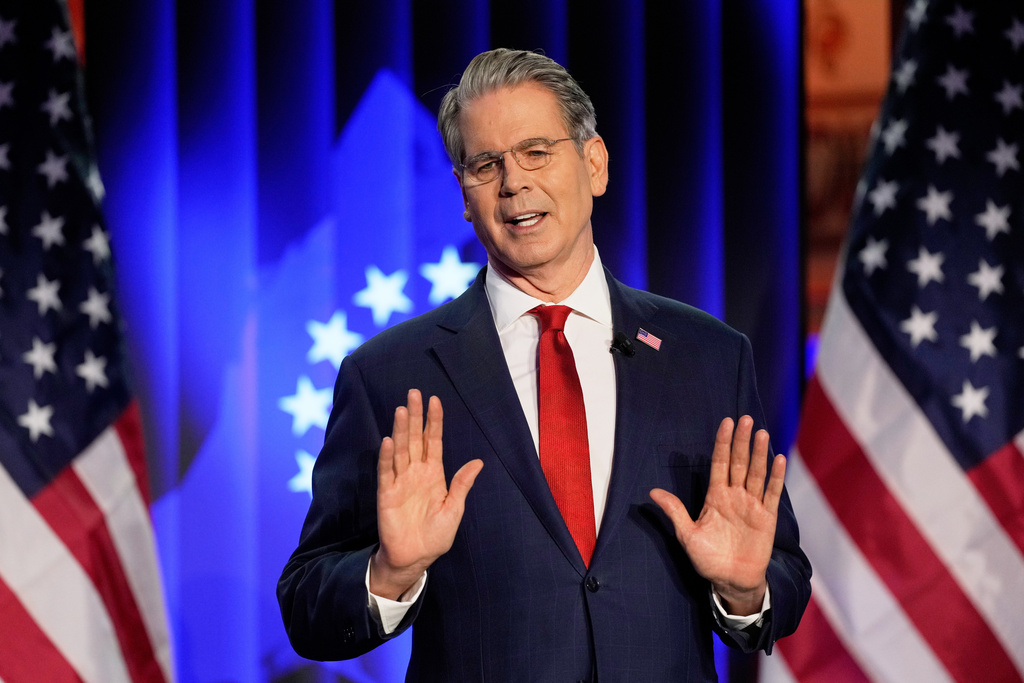 Scott Bessent, US Secretary of the Treasury, holds a speech at the USA House during the Annual Meeting of the World Economic Forum in Davos, Switzerland, Tuesday, Jan. 20, 2026. (AP Photo/Markus Schreiber)